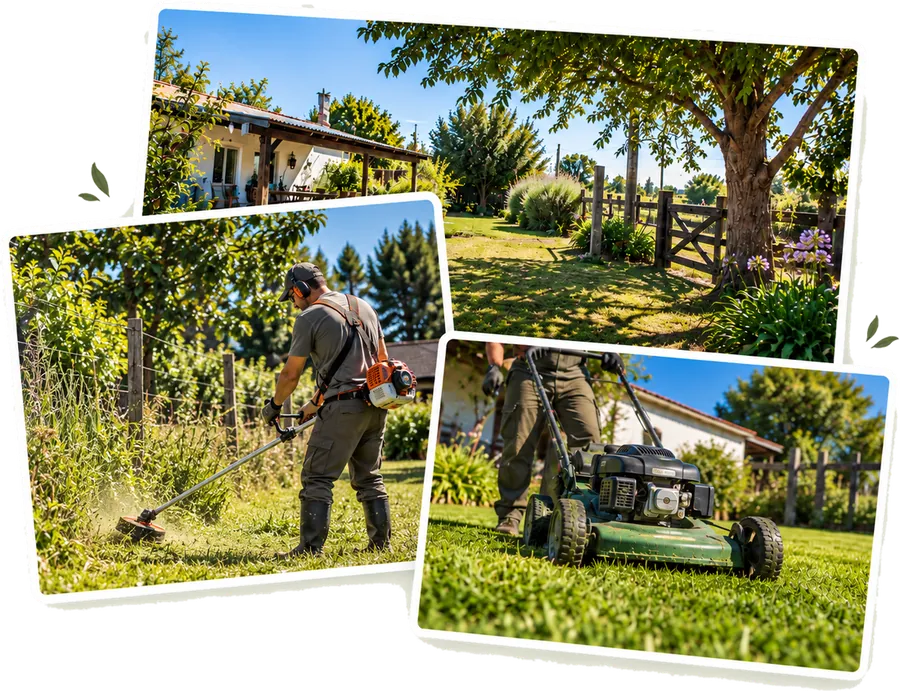Trabajos de jardinería: un parque con el césped cortado, la bordeadora en el borde del cerco y la cortadora sobre el pasto
