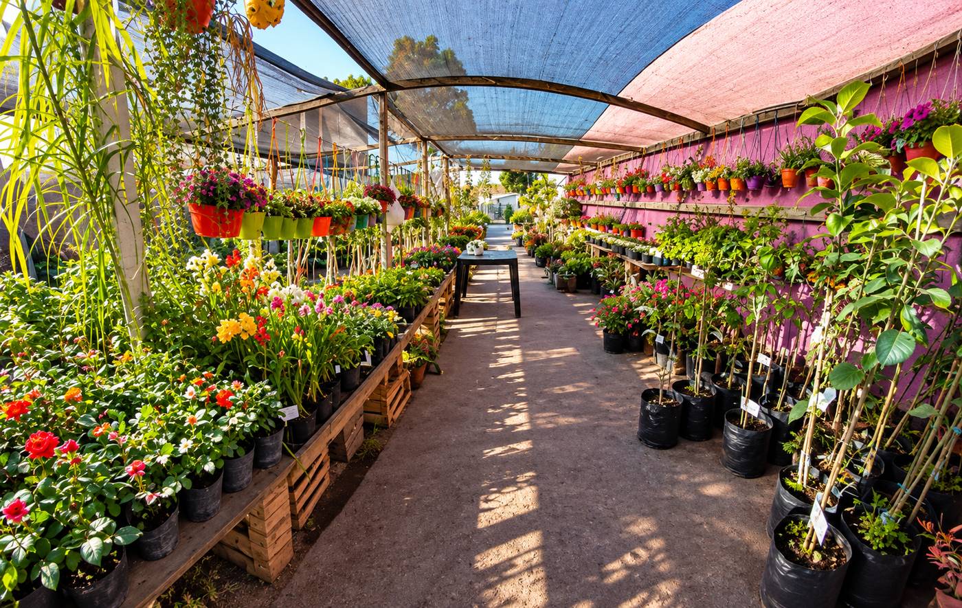 Pasillo con canteros de madera, florales de estación y plantas colgantes
